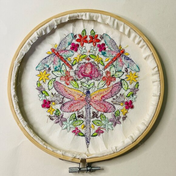 Dragonfly Art Wall Hanging Embroidered Hoop Framed 8" Set of 2 Handmade New - Picture 9 of 11